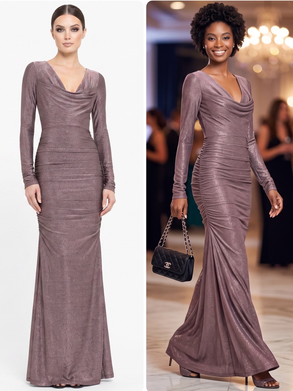 Black Halo Rafaela Metallic Rose Quartz Long-Sleeve Maxi Gown Dress NWOT $390